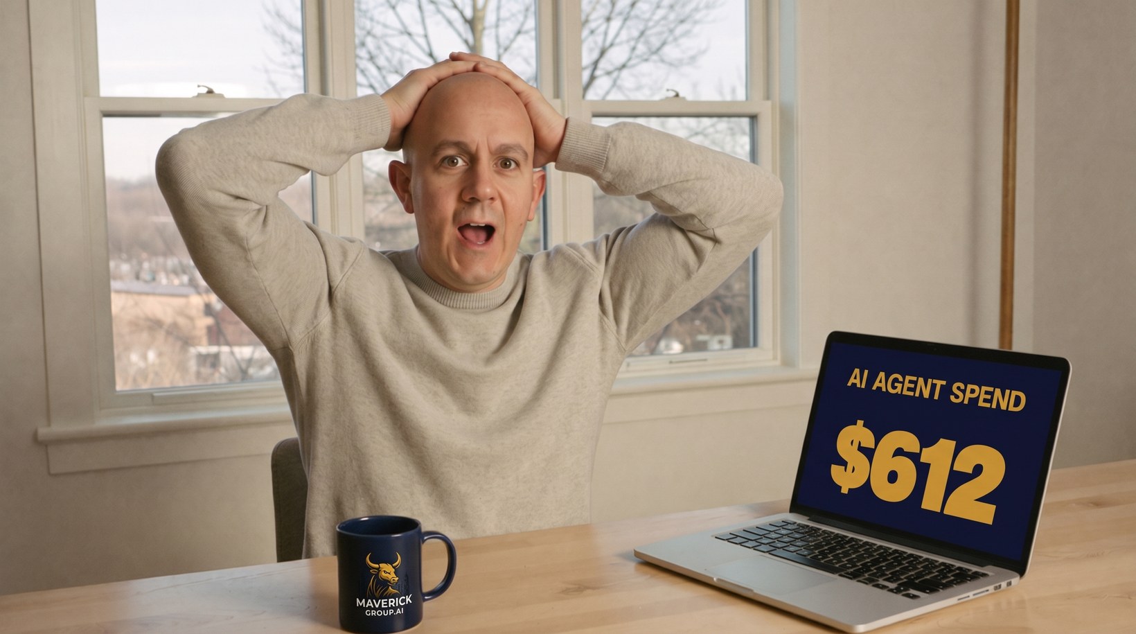 A business owner reacting to an unexpected AI agent spend figure on a laptop