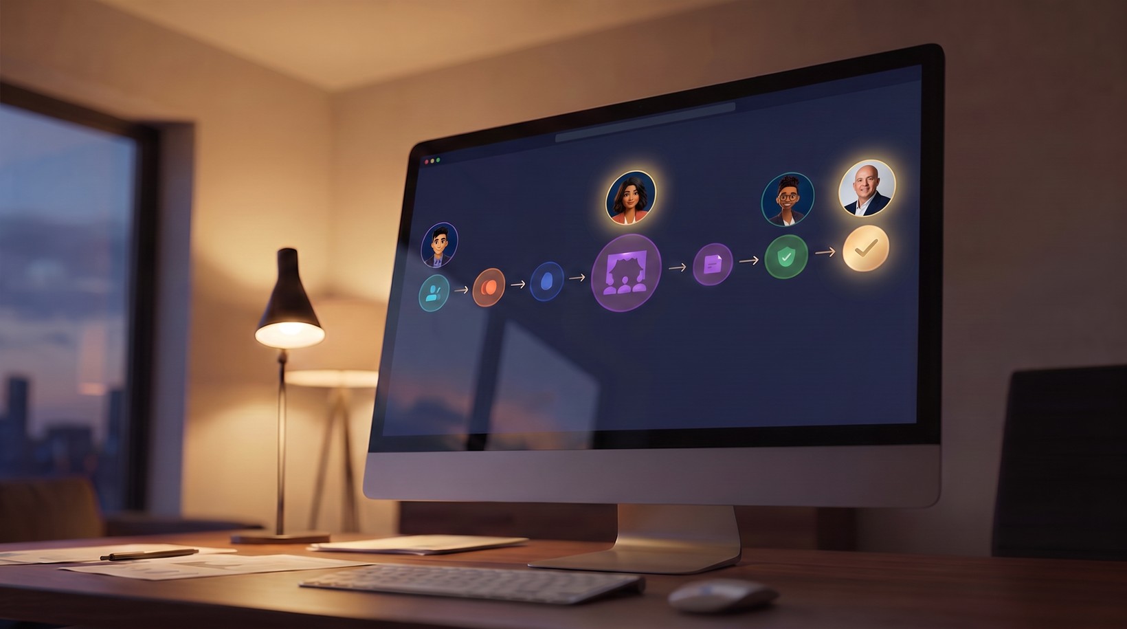 A desk monitor showing a dashboard where a task moves between AI team member portraits before reaching a person at the end of the flow