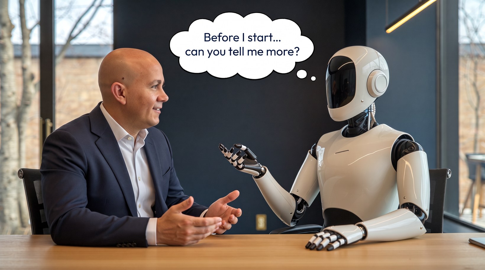 Carlos Pelayo in conversation with a humanoid robot across a table, a thought cloud above the robot reading Before I start, can you tell me more?